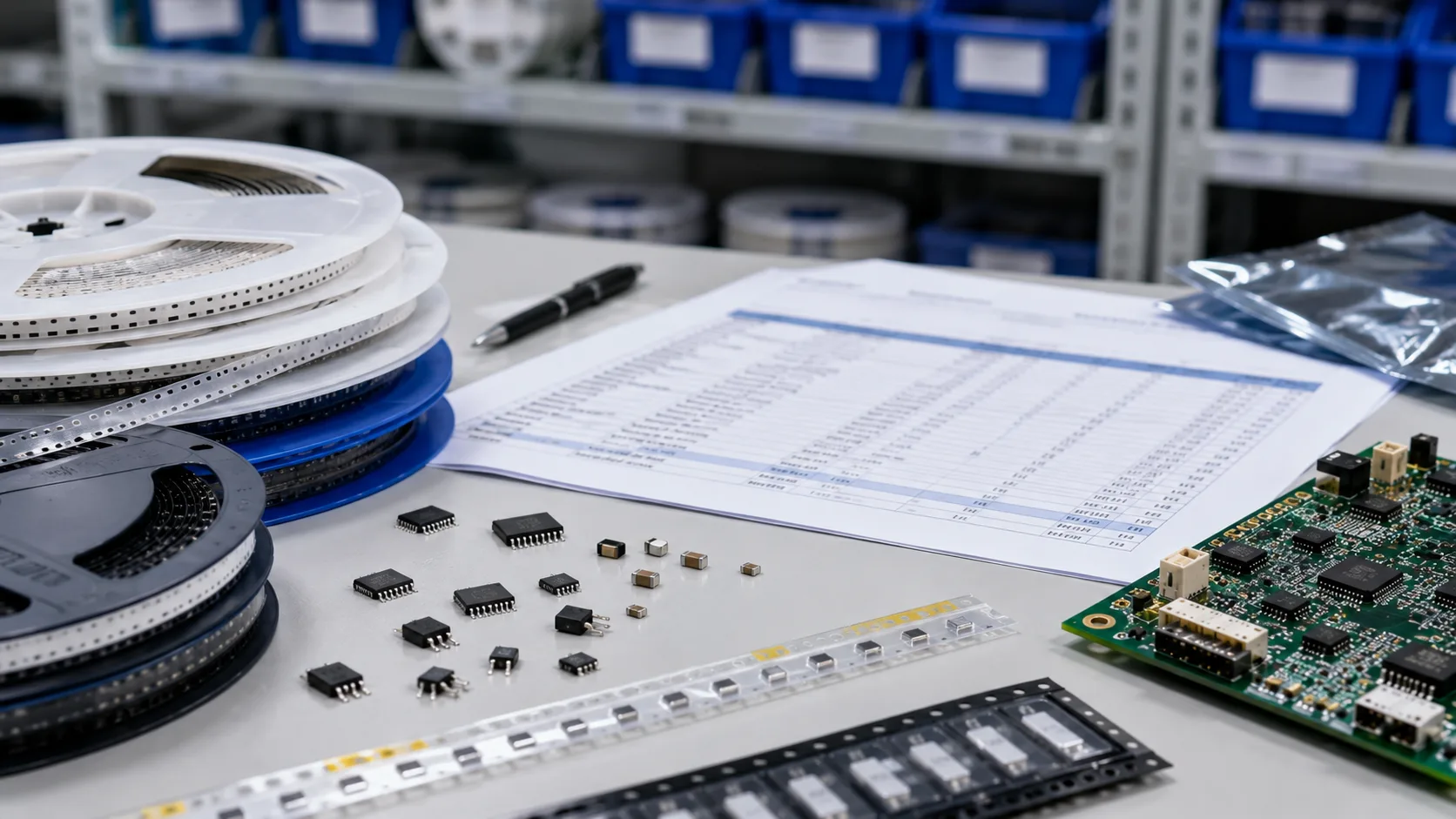 Component reels and BOM documents prepared for PCBA sourcing review