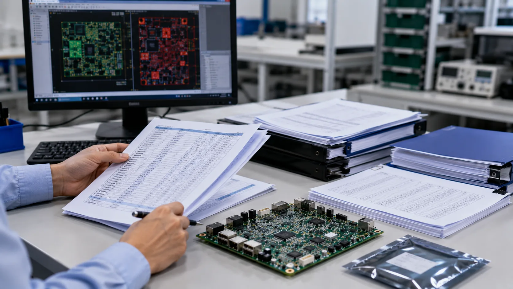 Gerber files, BOM list, pick and place data, and PCBA sample prepared for assembly