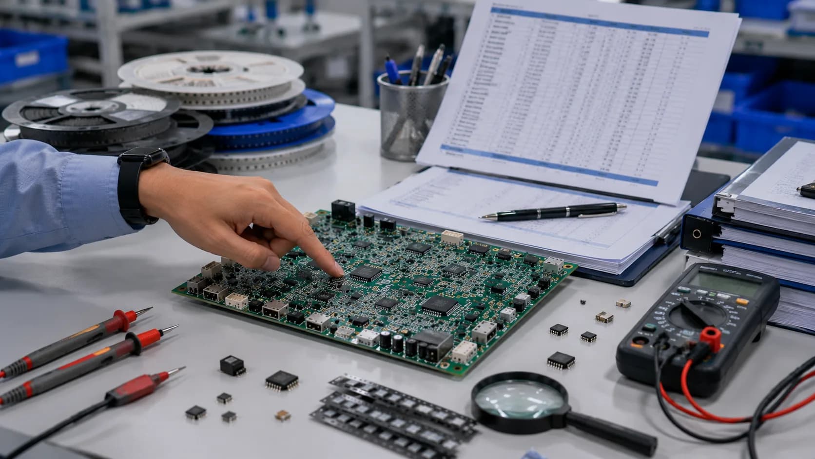 PCBA assembly cost review with BOM, components, testing tools, and assembled boards