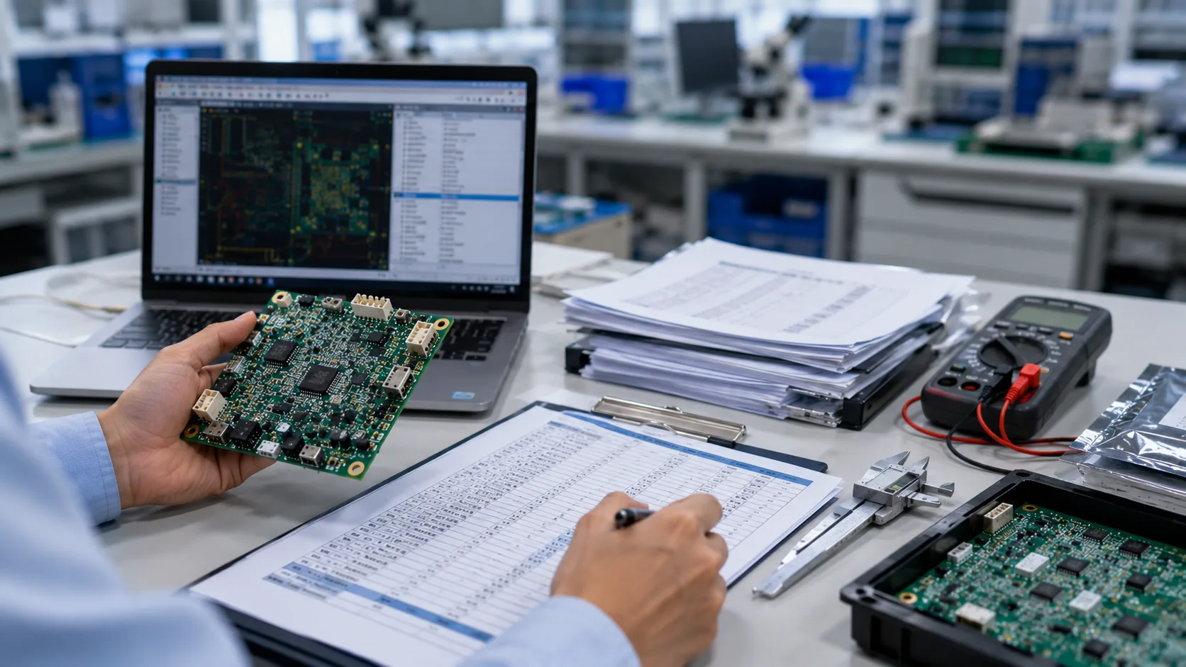 Engineer reviewing PCBA samples and project files before quotation