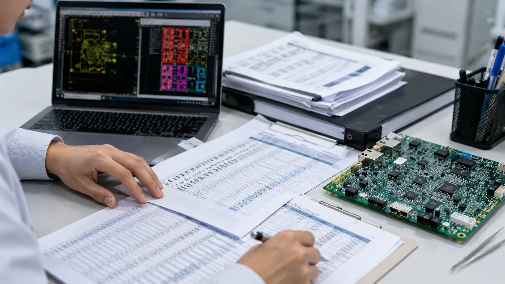 Engineer reviewing Gerber files, BOM list, and PCBA samples for quotation