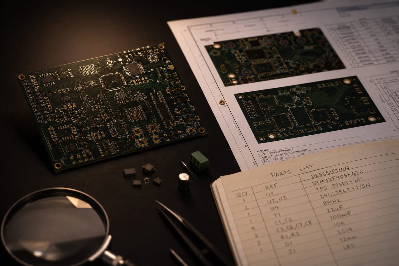 PCBA engineer reviewing BOM files and assembled circuit boards