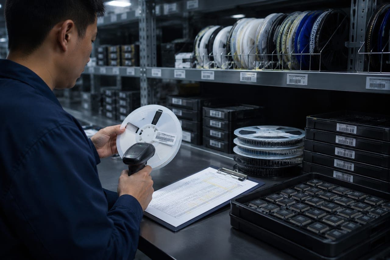 Component reel barcode check during BOM sourcing for PCB assembly