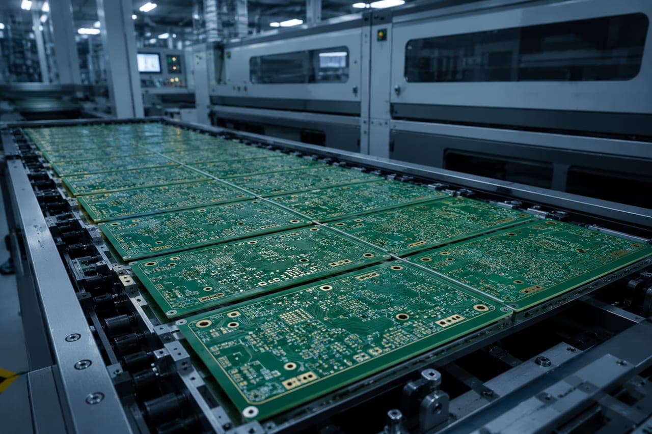 Bare PCB panels on the fabrication line for turnkey PCBA