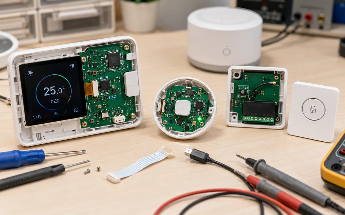 Smart-home devices opened to show their internal PCB assemblies