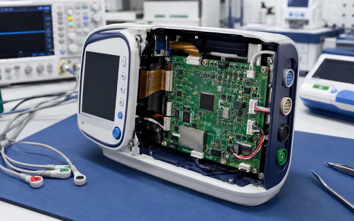 Portable patient monitor opened to show its internal PCBA