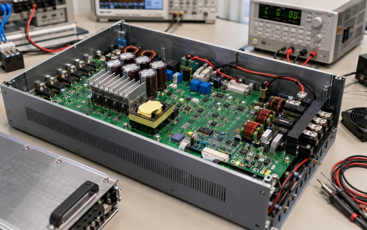 Power electronics assembly with transformers, capacitors, and heat sinks
