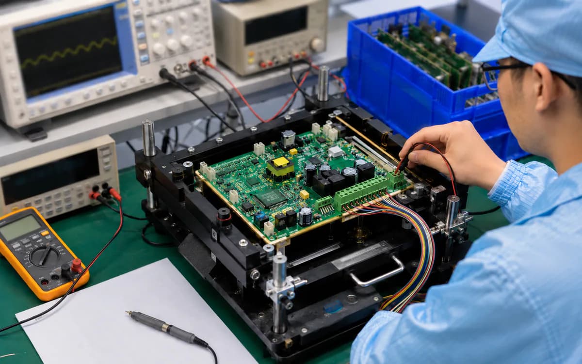 Technician testing an assembled circuit board on an instrument bench