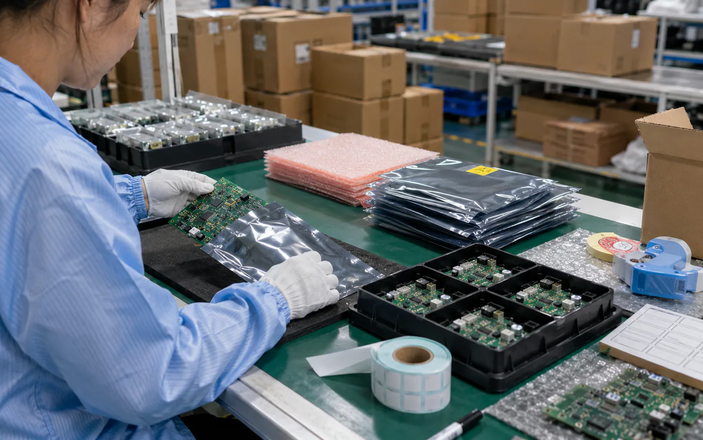 Operator packing finished PCBA boards into anti-static bags