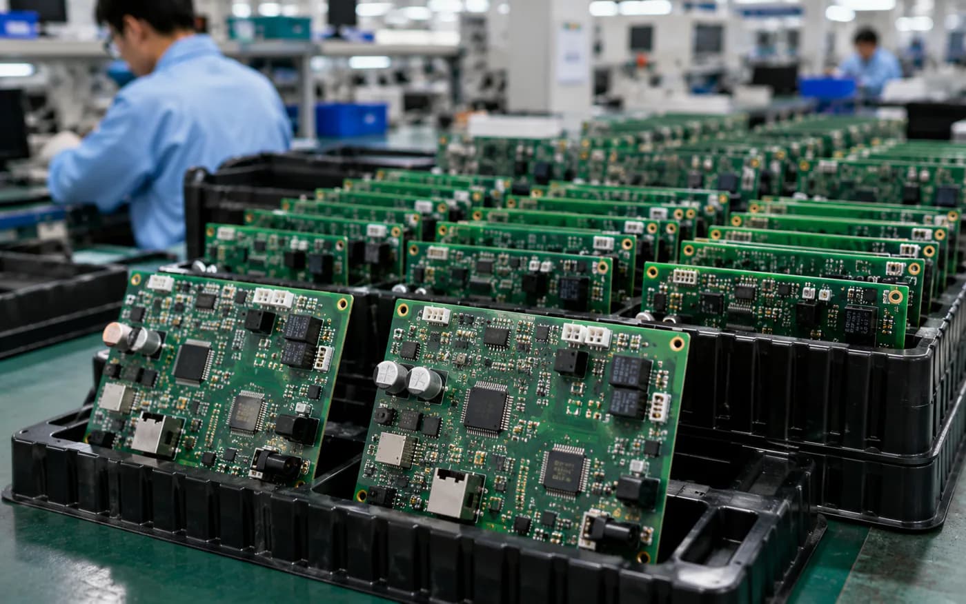 Batches of assembled PCBA boards arranged in protective trays