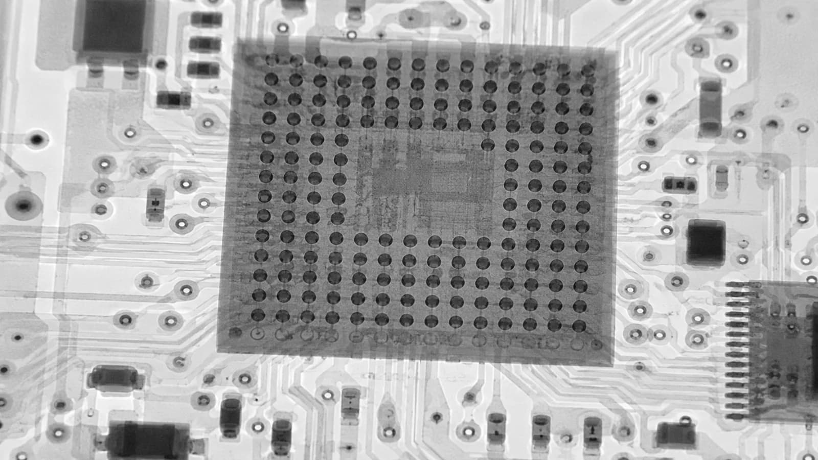 Illustrative X-ray inspection image showing the solder ball array beneath a BGA package