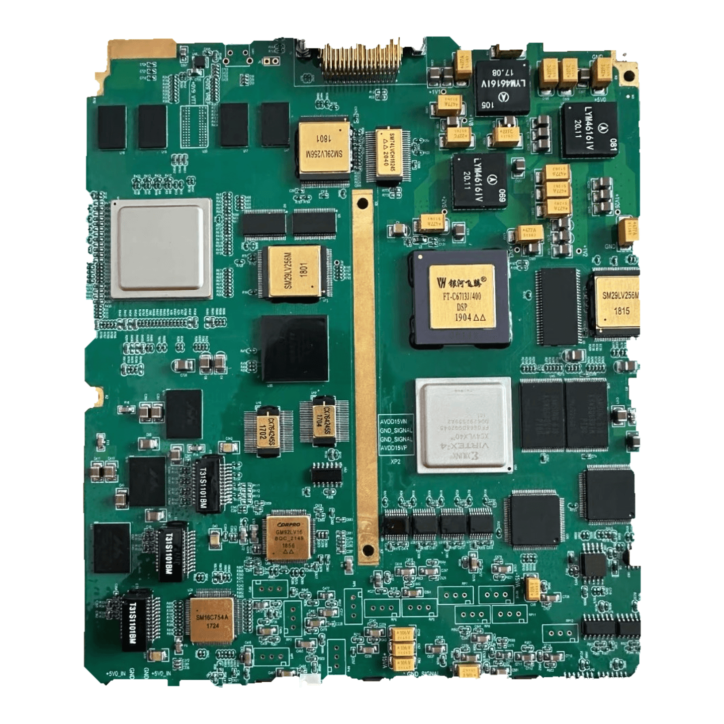 Dense mixed-package assembly with populated circuit-board components, photograph 08