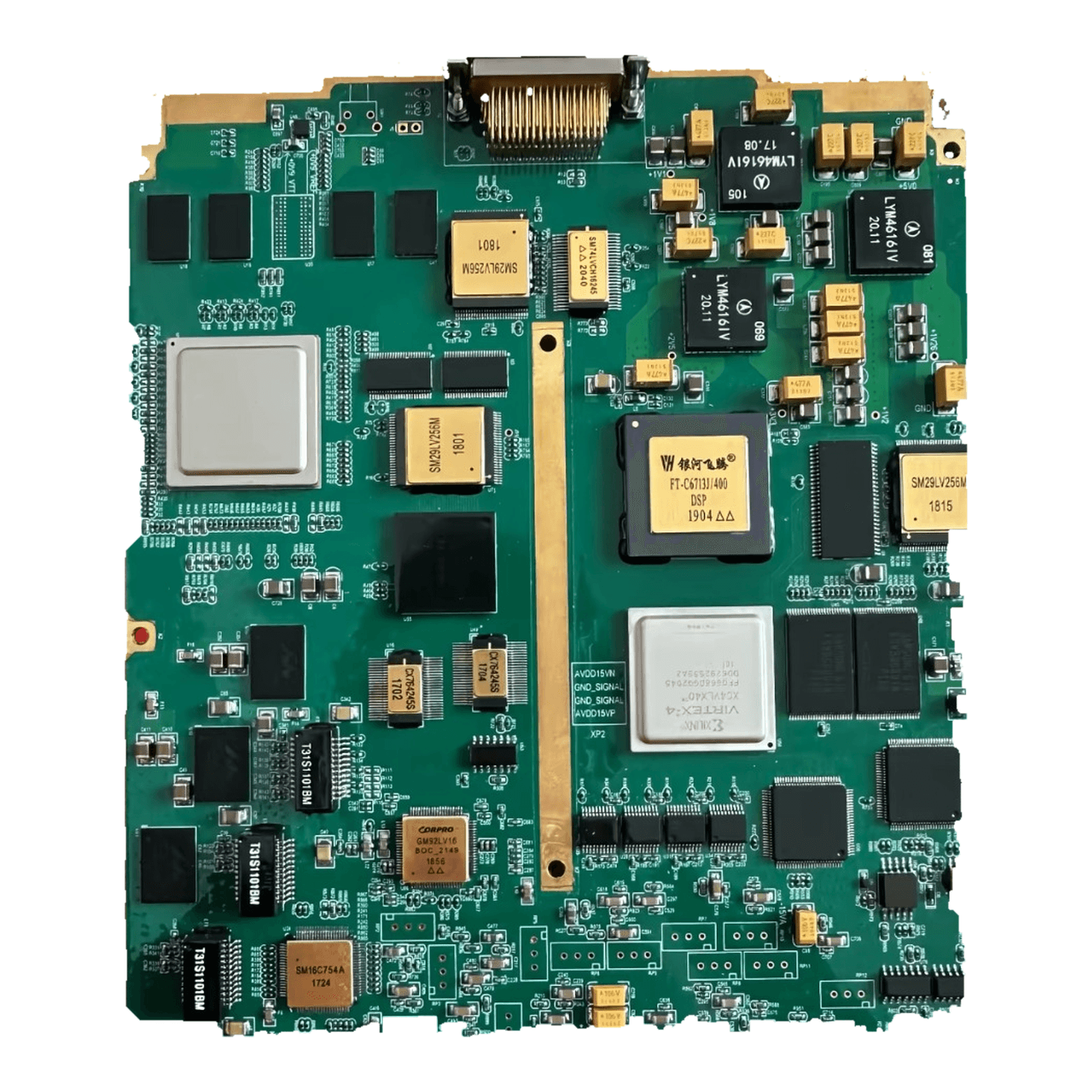Dense mixed-package assembly, second view with populated circuit-board components, photograph 14