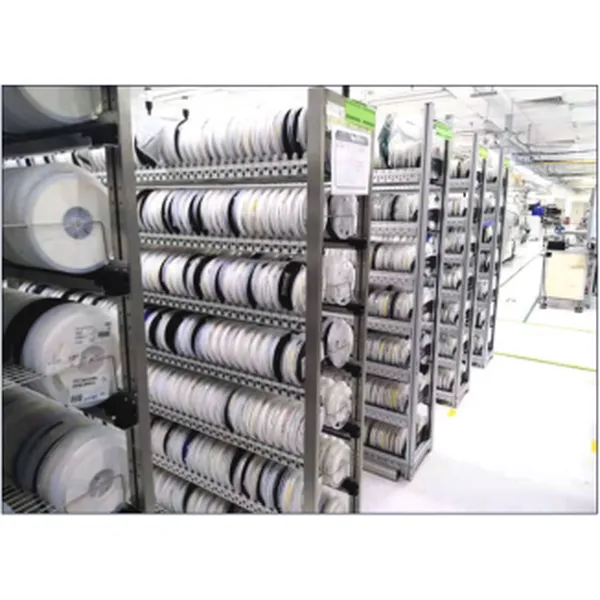 Component reels organized on storage racks