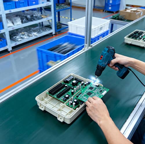 Worker fitting a printed circuit board into a plastic enclosure