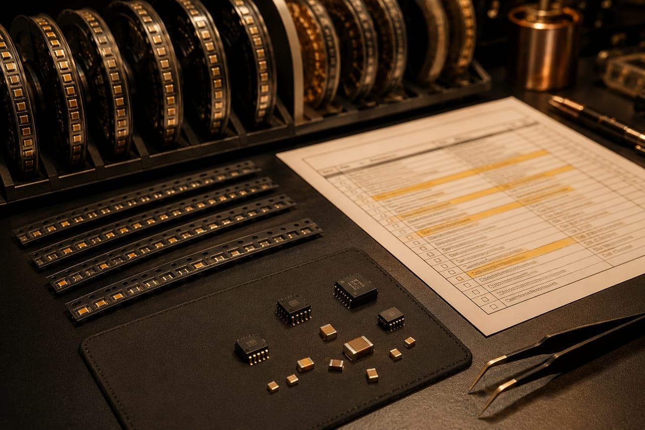 PCBA engineer reviewing BOM files and assembled circuit boards