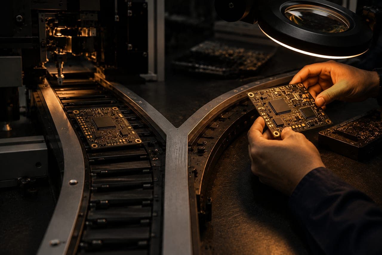 PCBA engineer reviewing BOM files and assembled circuit boards