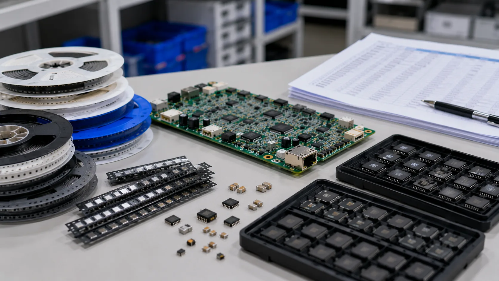Component reels and PCBA board used for BOM alternatives and sourcing review