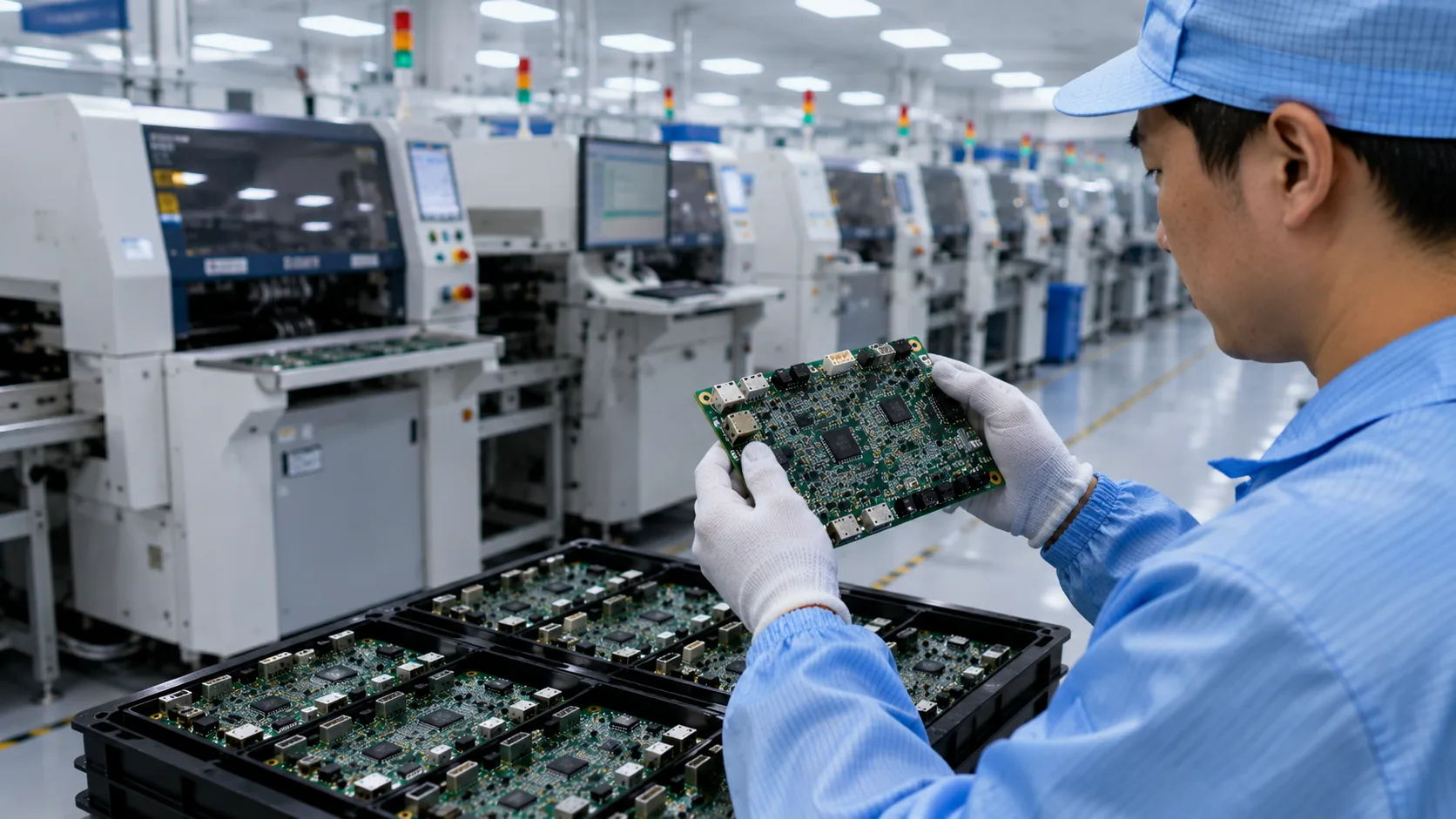 Engineer inspecting PCBA boards in a China SMT assembly workshop