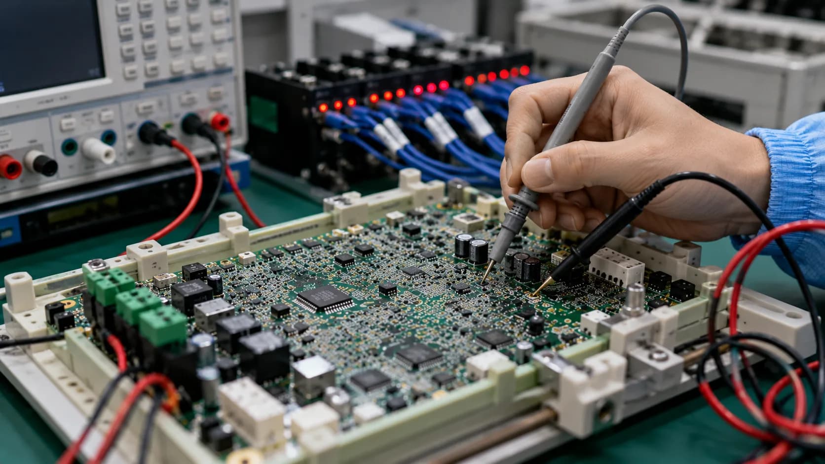 Functional testing probes checking an assembled PCBA board before shipment