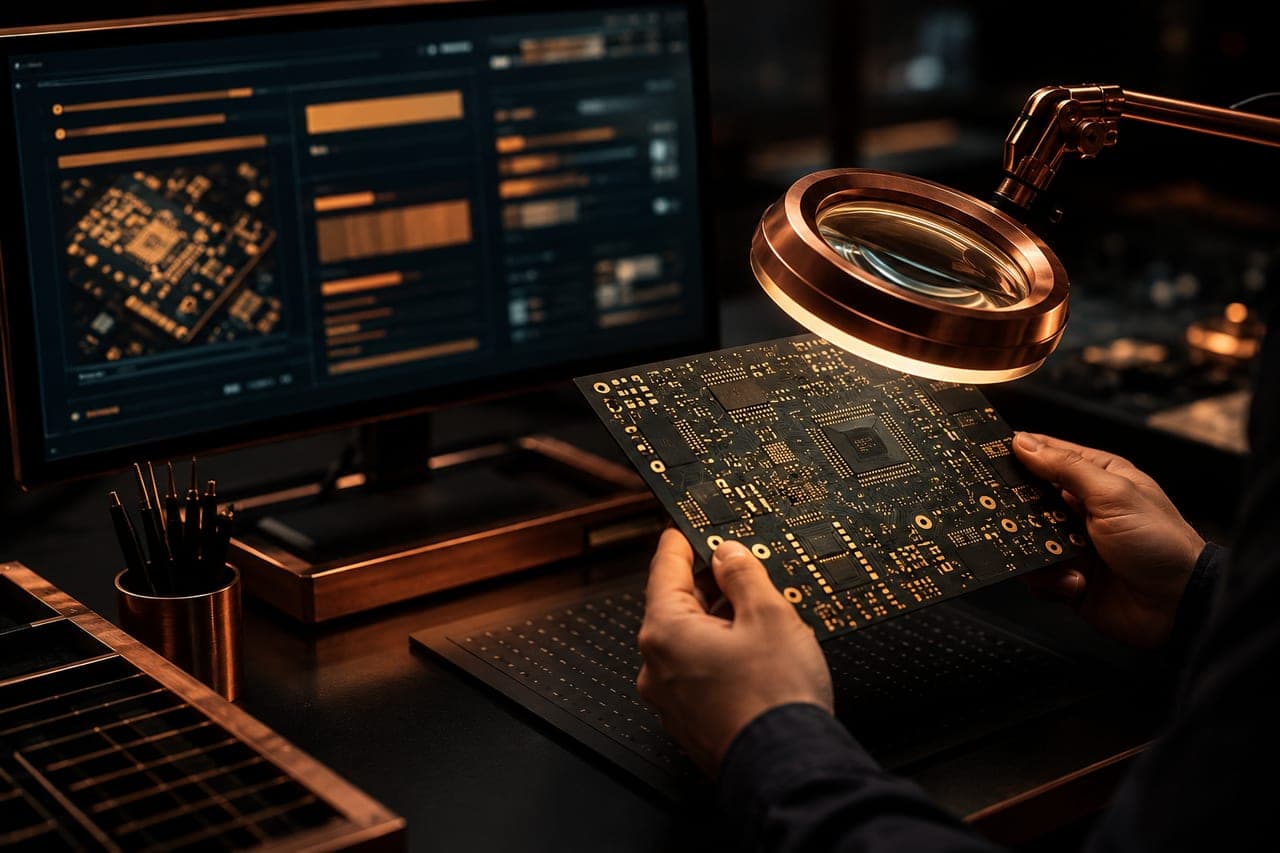 PCBA engineer reviewing BOM files and assembled circuit boards