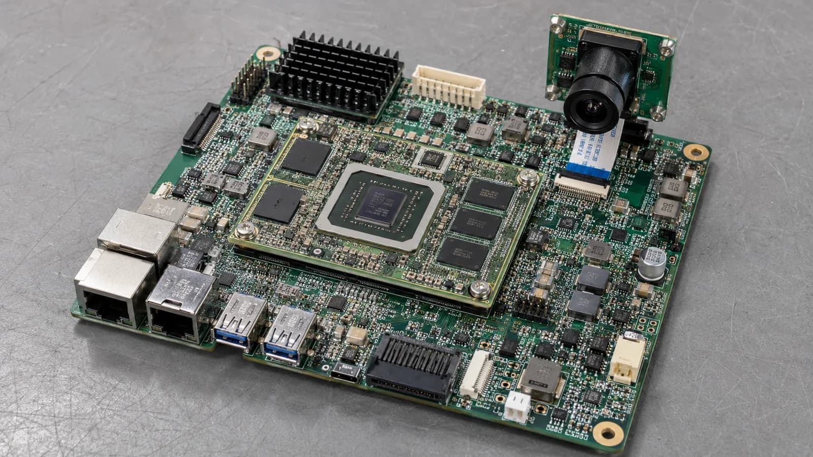 Edge AI PCB assembly with a camera module, embedded compute board, memory, power circuits, and high-speed connectors