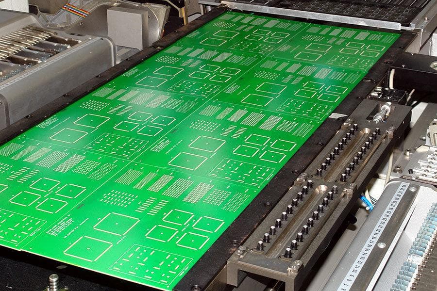 A panel of green printed circuit boards during fabrication